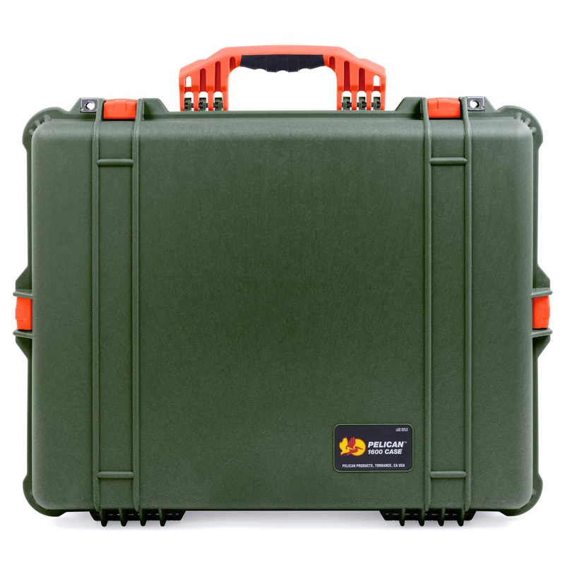 Pelican 1600 Case, OD Green with Orange Handle & Latches