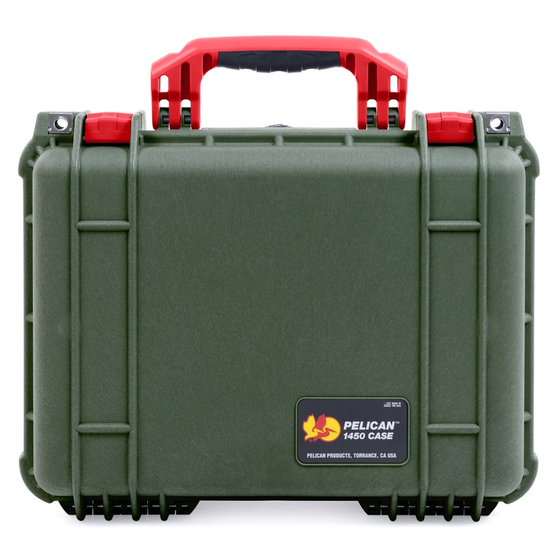 Pelican 1450 Case, OD Green with Red Handle & Latches