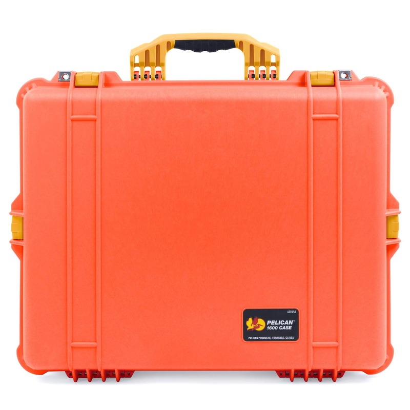Pelican 1600 Case, Orange with Yellow Handle & Latches
