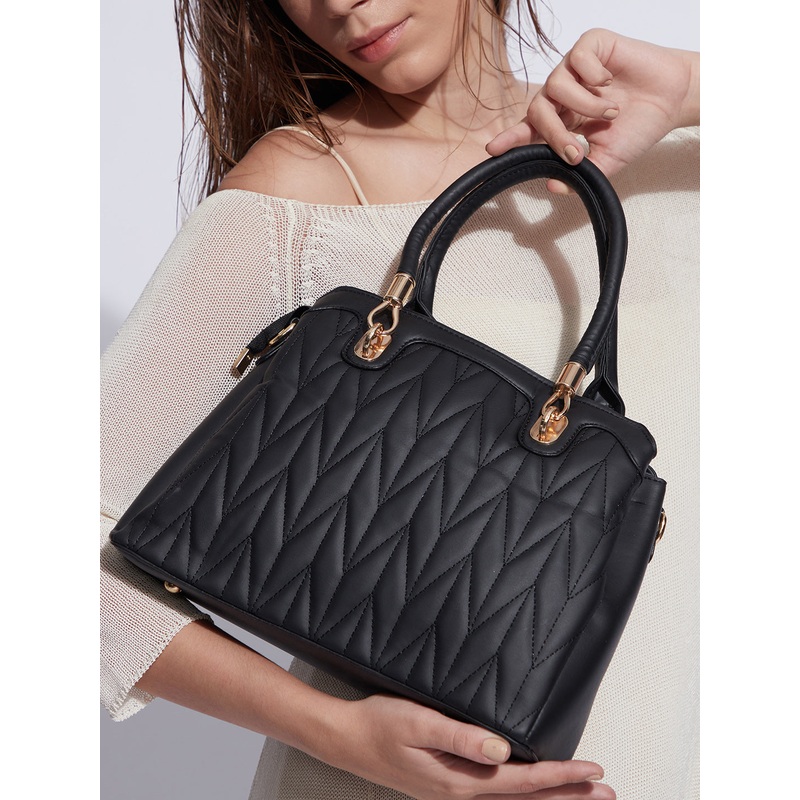 Quilted Top Handle Handbag - Black