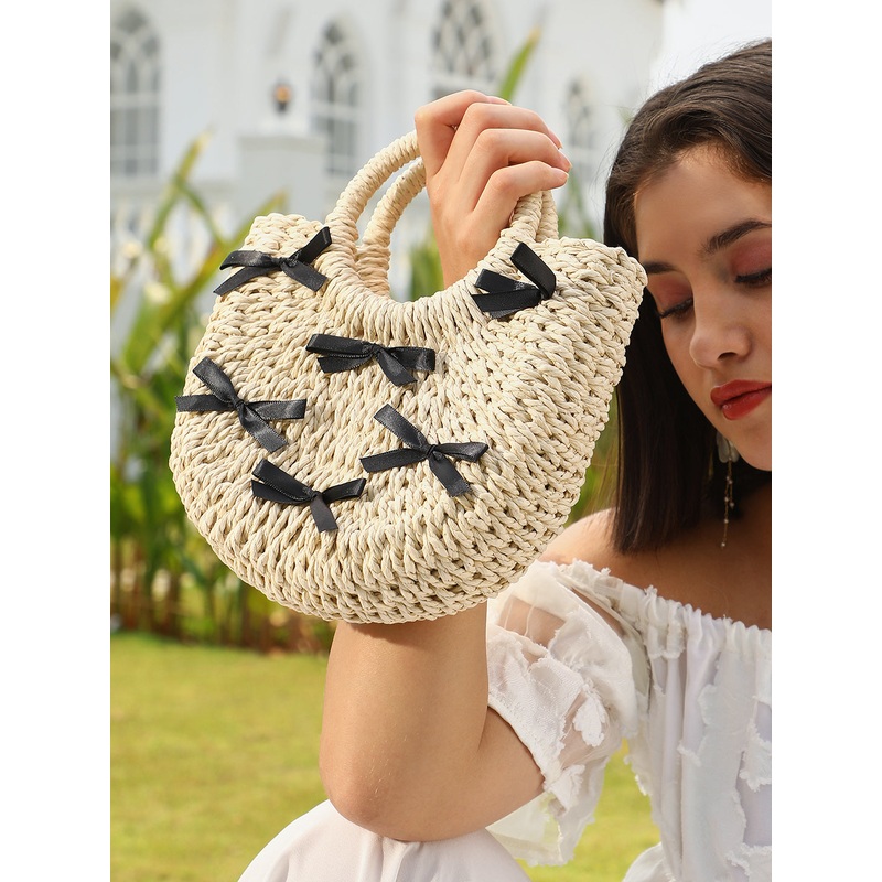 The Bow-Straw Hand Bag - Desert Sand