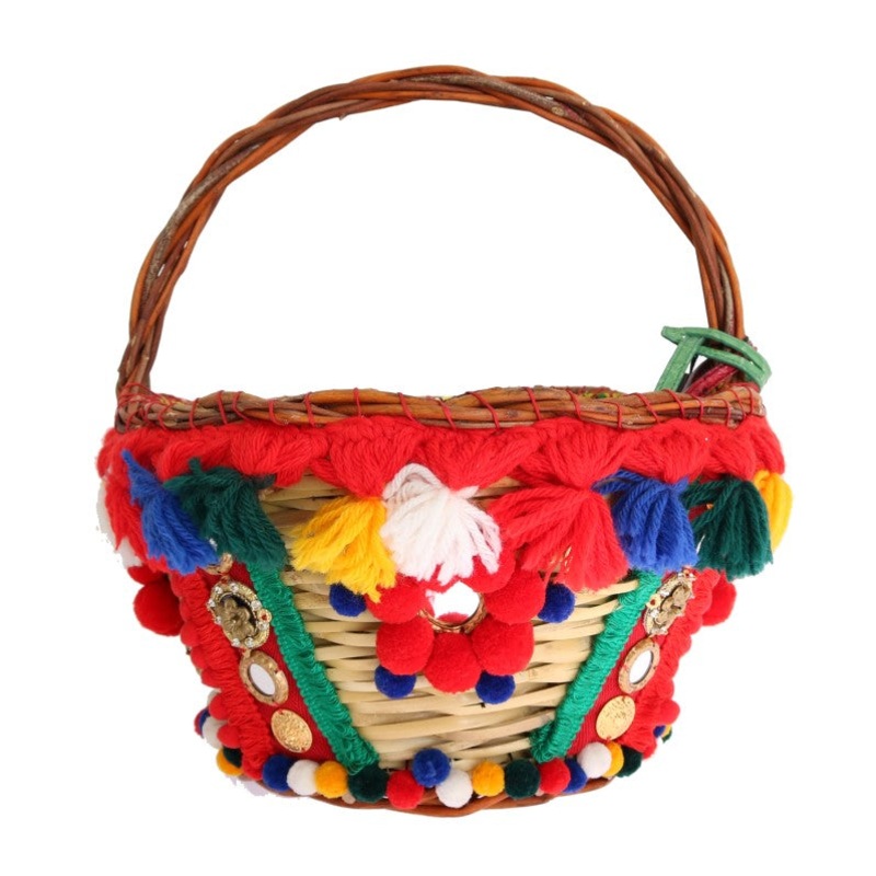 Dolce & Gabbana Multicolor AGNESE Straw Crystal  Pom Pom Bag