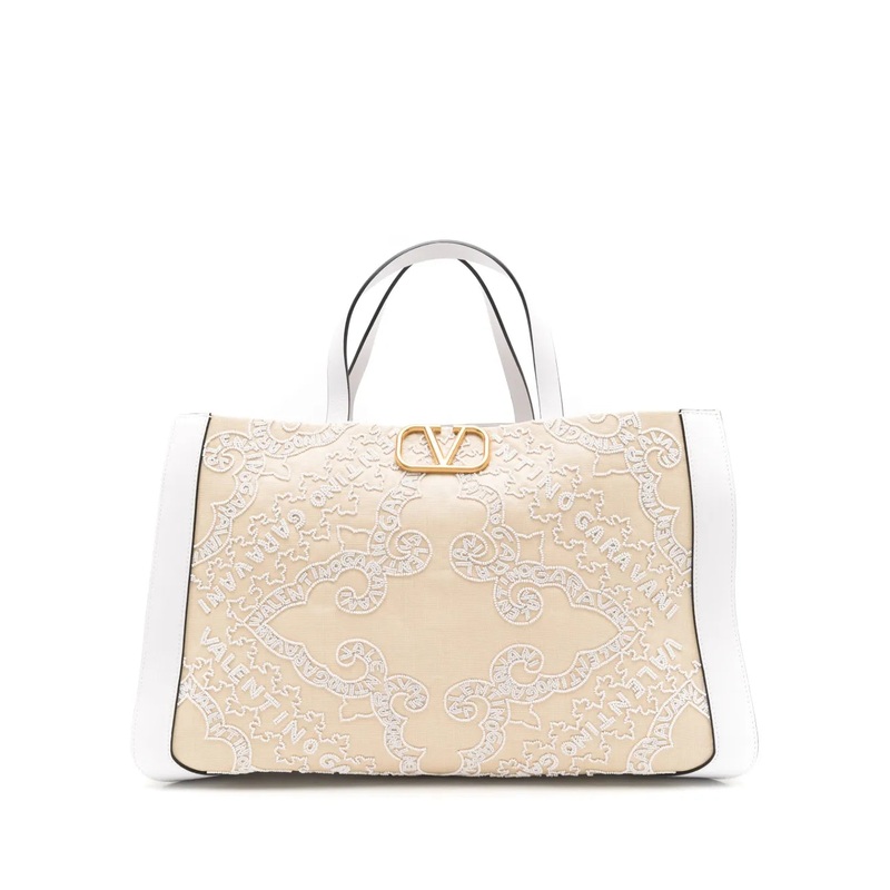 Valentino Vlogo Embroidered Raffia Tote Bag