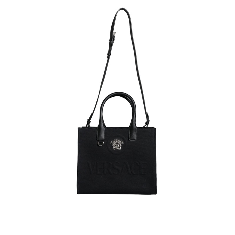 Versace Black Top Handle Canvas Leather Logo Crossbody Tote Bag