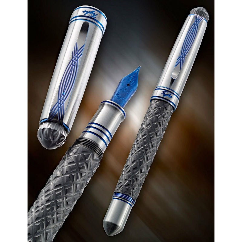 Grayson Tighe Zirconium Reticulated Crystal Fountain Pen W/Blue Titanium Nib - M