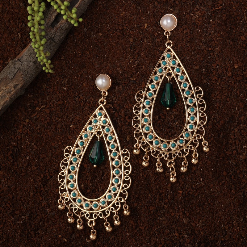 Accessorize London Green Tead Drop Long Earring Metal Chandbali Earring