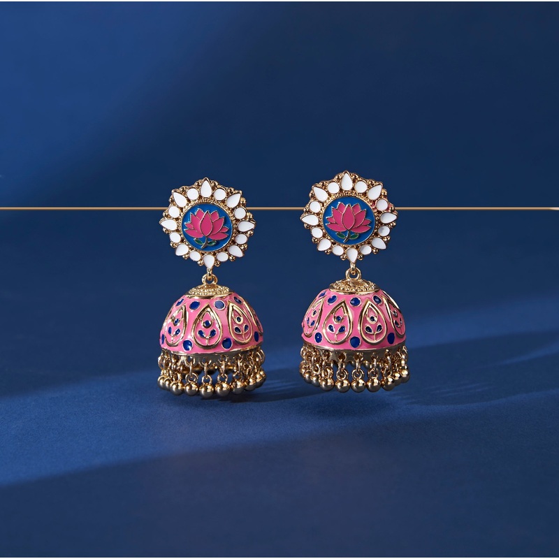 Accessorize London Women'S Enamel Blue And Pink Lotus Jhumka Earring