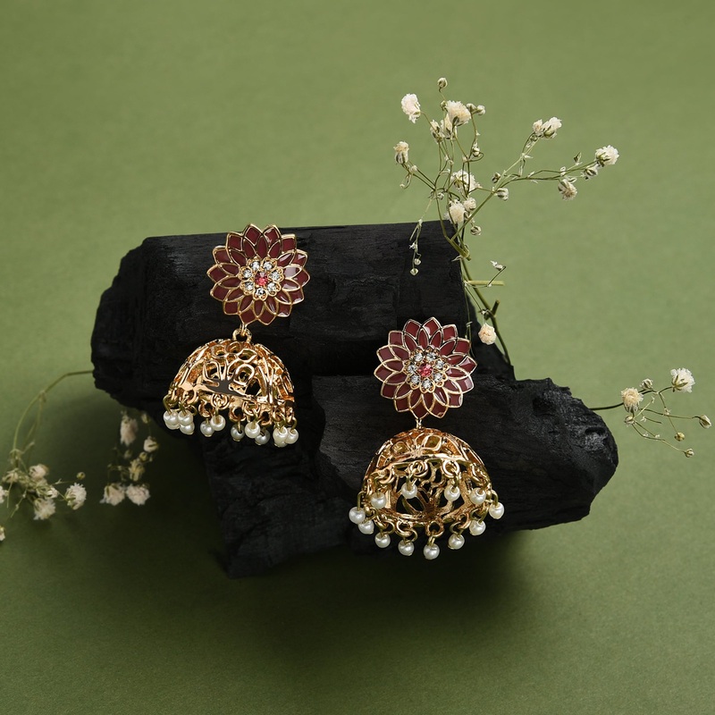 Accessorize London Women's Floral Enamel Red Gold Jhumkas