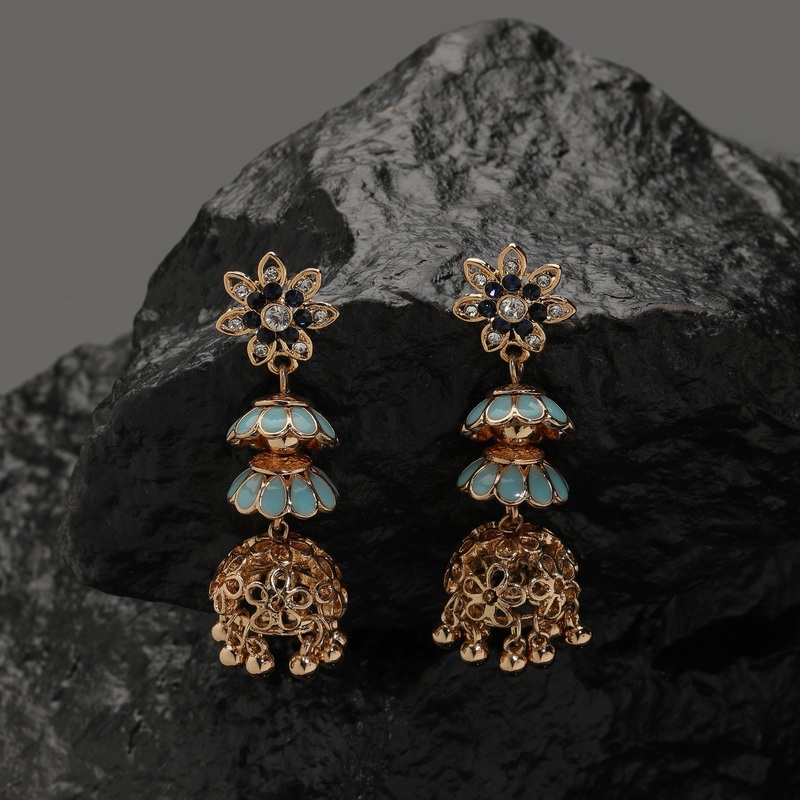 Accessorize London Women's Turq Floral Gold Jhumkas