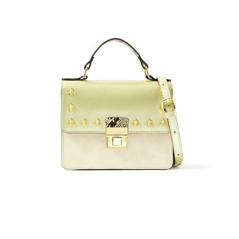 Accessorize London women's Faux Leather Gold Bee Studded Handheld Satchel Sling bag
