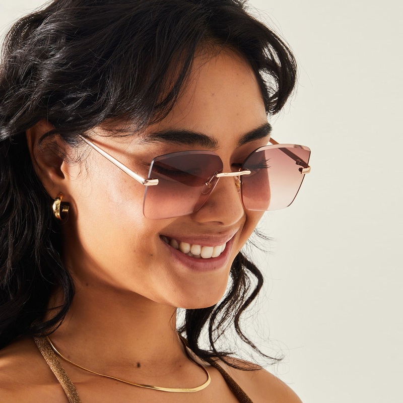 Gold Oversized Smokey Lens Rimless Glasses