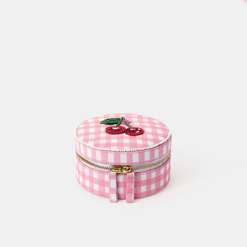 Pink Round Cherry Gingham Jewellery Box