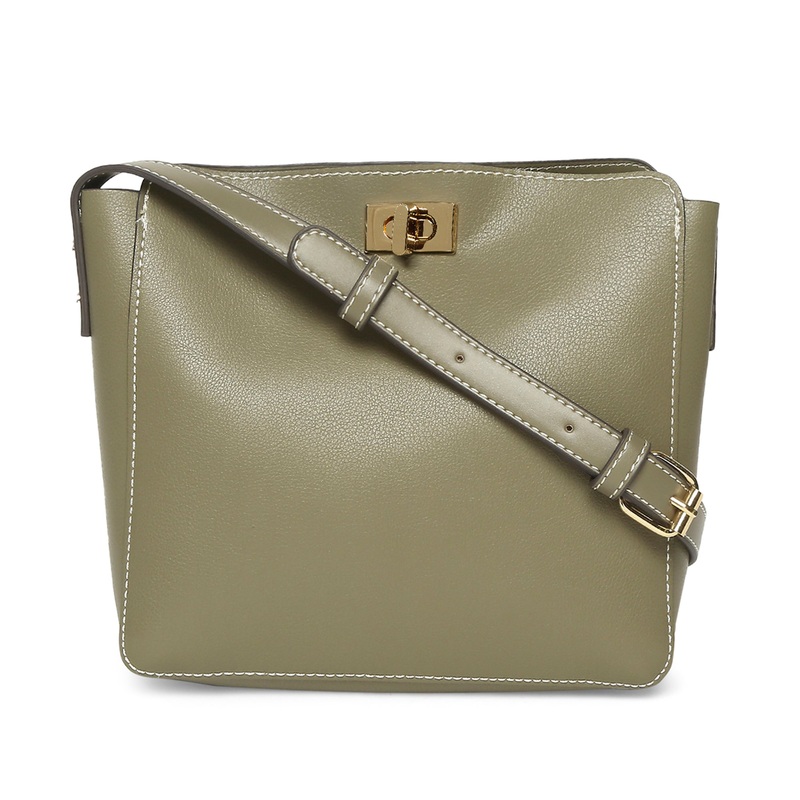 Accessorize London Women's Faux Leather Khaki Twist Lock Sling Bag