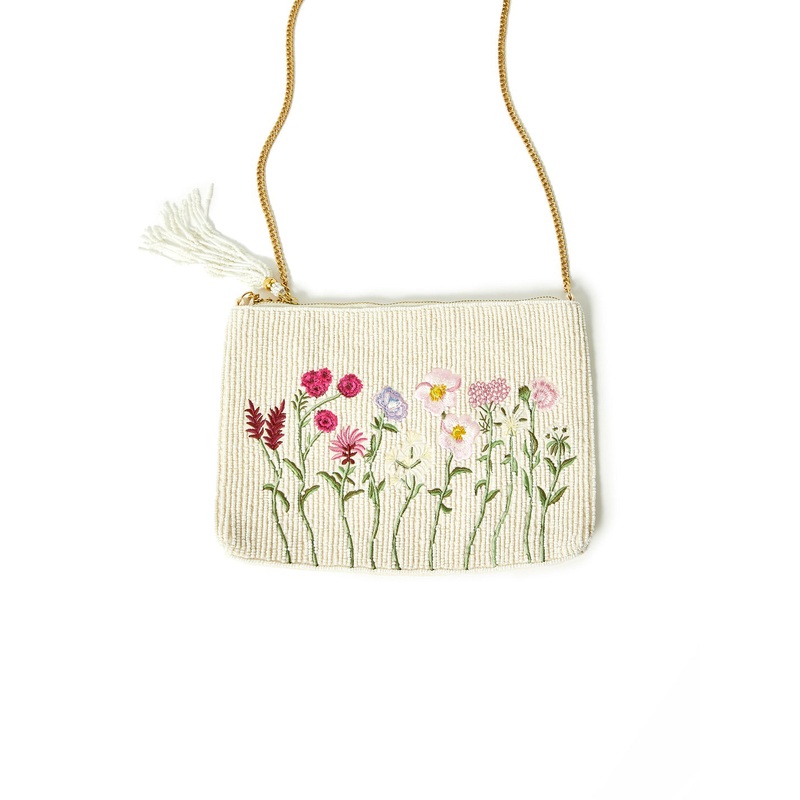 Accessorize London Women's Fabric White Floral Beaded Zip Bag