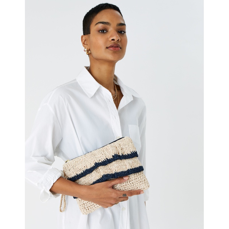 Accessorize London Women's Faux Leather Natural Ruffle Raffia Clutch