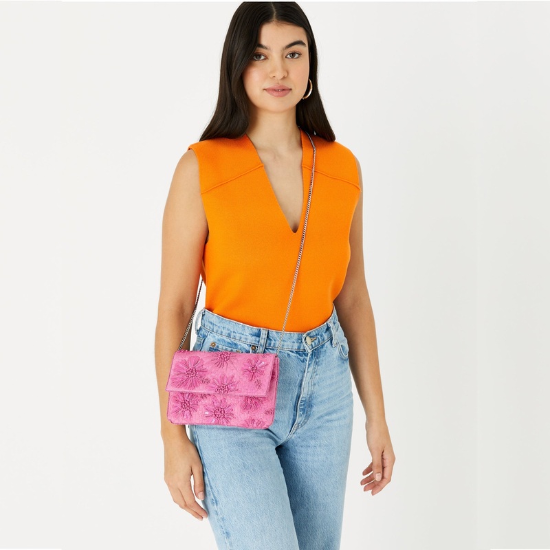 Accessorize London Women's Pink Beaded Flower Clutch Party Bag