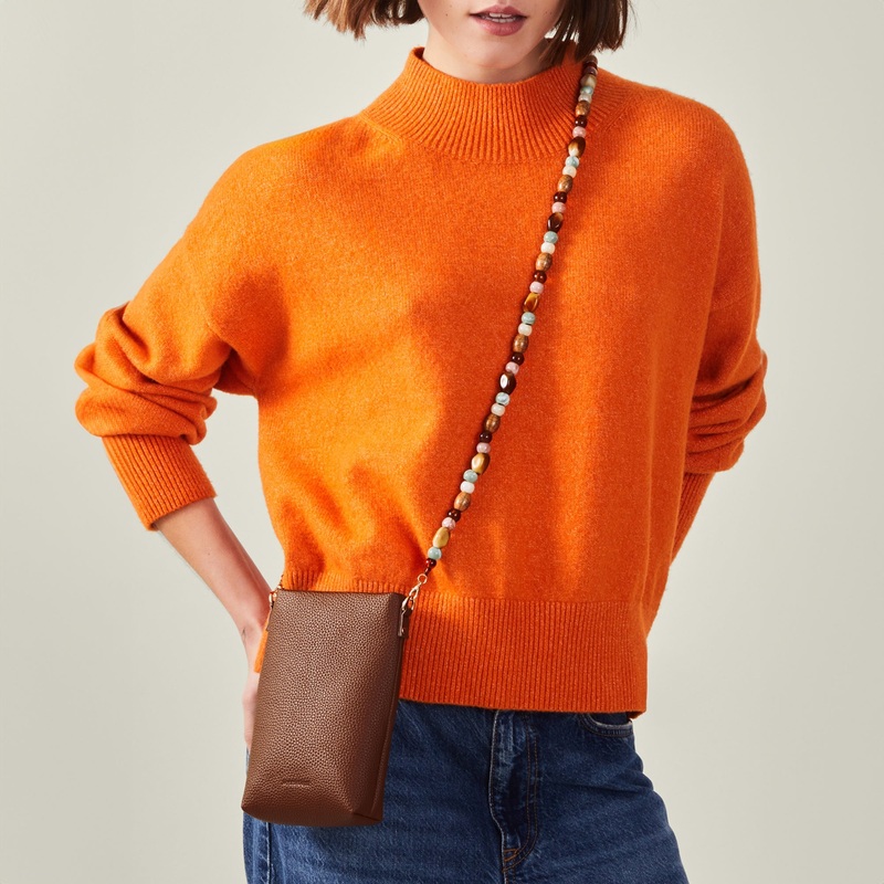 Brown Beaded Strap Phone Bag