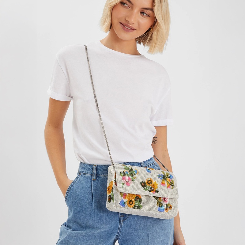 Cream Embellished Floral Clutch