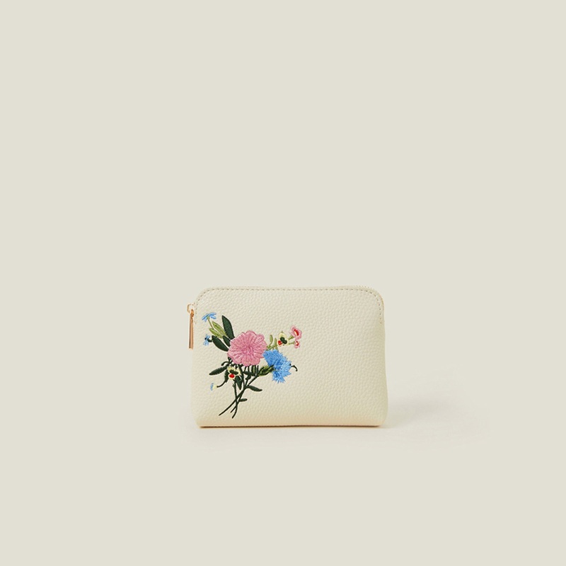 Cream Embroidered Floral Coin Purse