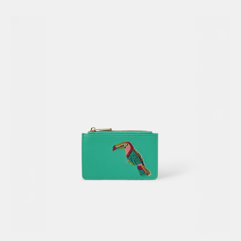 Green Embroidered Toucan Card Holder