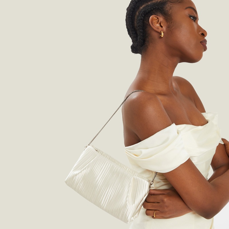 White Bridal Pleated Satin Clutch Bag