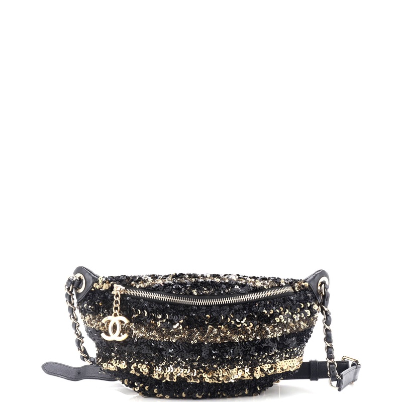 CC Charm Zip Waist Bag Sequins and Quilted Lambskin