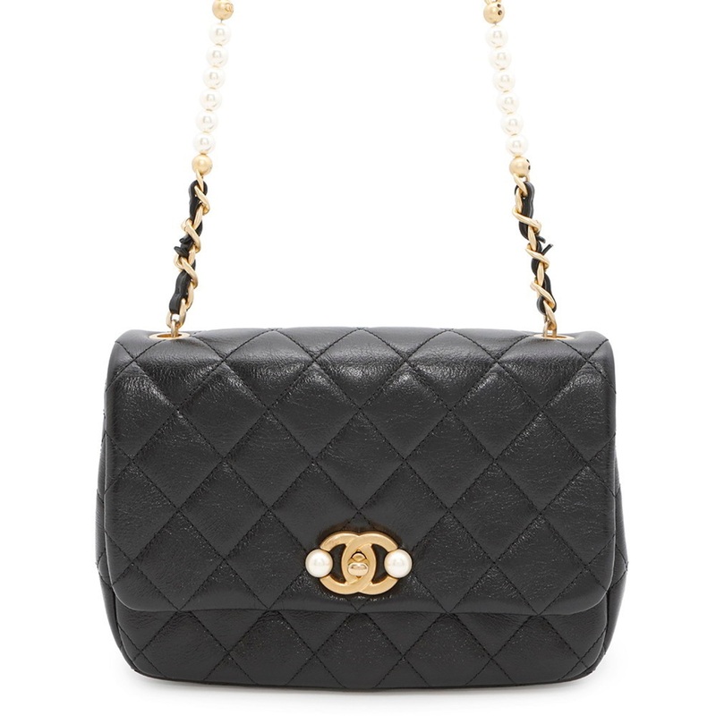 CC Pearl Section Chain Flap Bag Quilted Calfskin Small