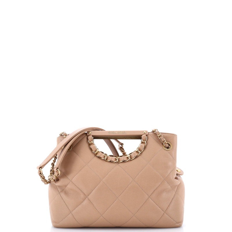 Cutout Woven Chain Handle Satchel Quilted Caviar Small