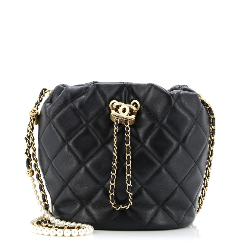 My Perfect Chain Bucket Drawstring Bag Quilted Lambskin with Faux Pearls