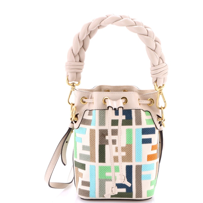 Woven Handle Mon Tresor Bucket Bag Zucca Embroidered Canvas Mini