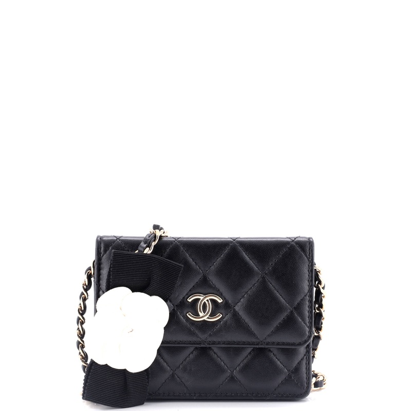 Camellia Bow Flap Card Holder with Chain Quilted Lambskin