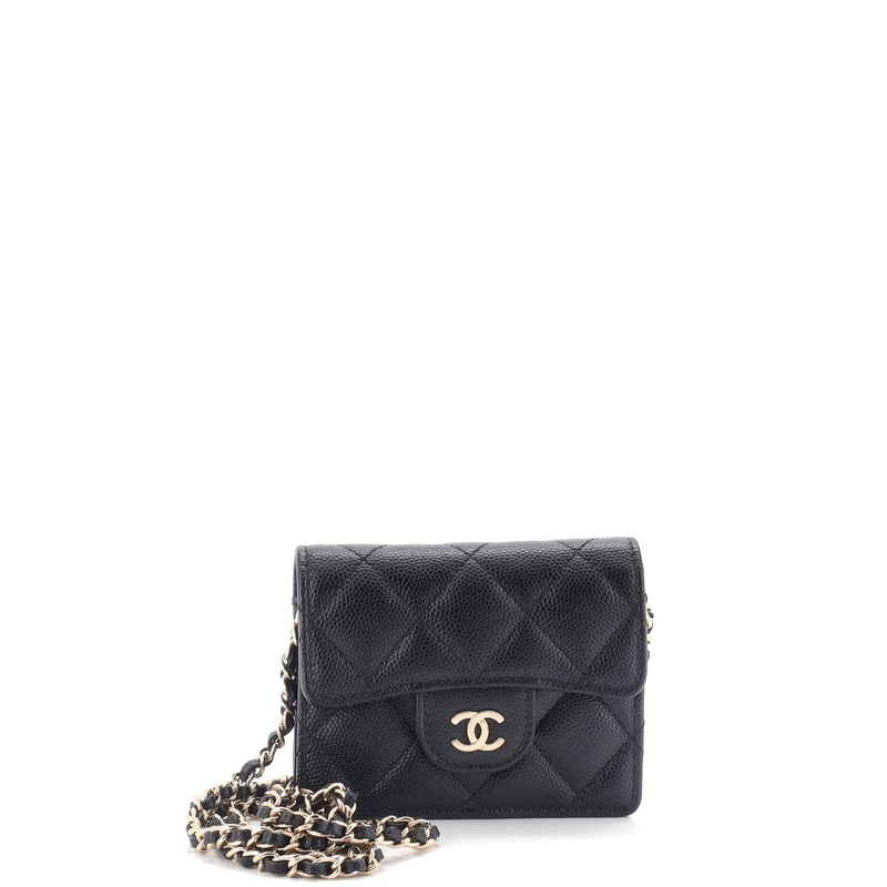 Classic Flap Card Holder on Chain Quilted Caviar Mini