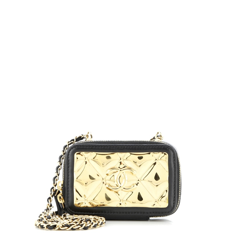 Golden Plate Zip Around Vanity Case with Chain Quilted Metal and Lambskin Extra Mini