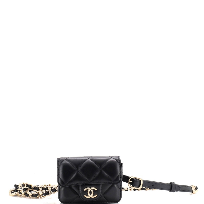 Resin Elegant Chain Flap Belt Bag Quilted Lambskin Mini