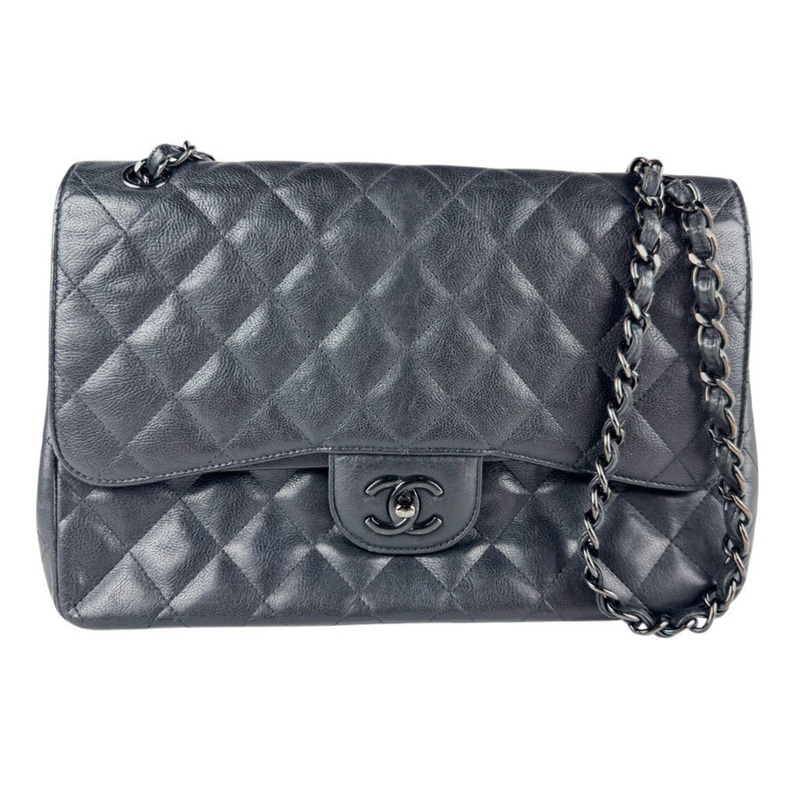 So Black Classic Double Flap Bag Quilted Crumpled Calfskin Jumbo
