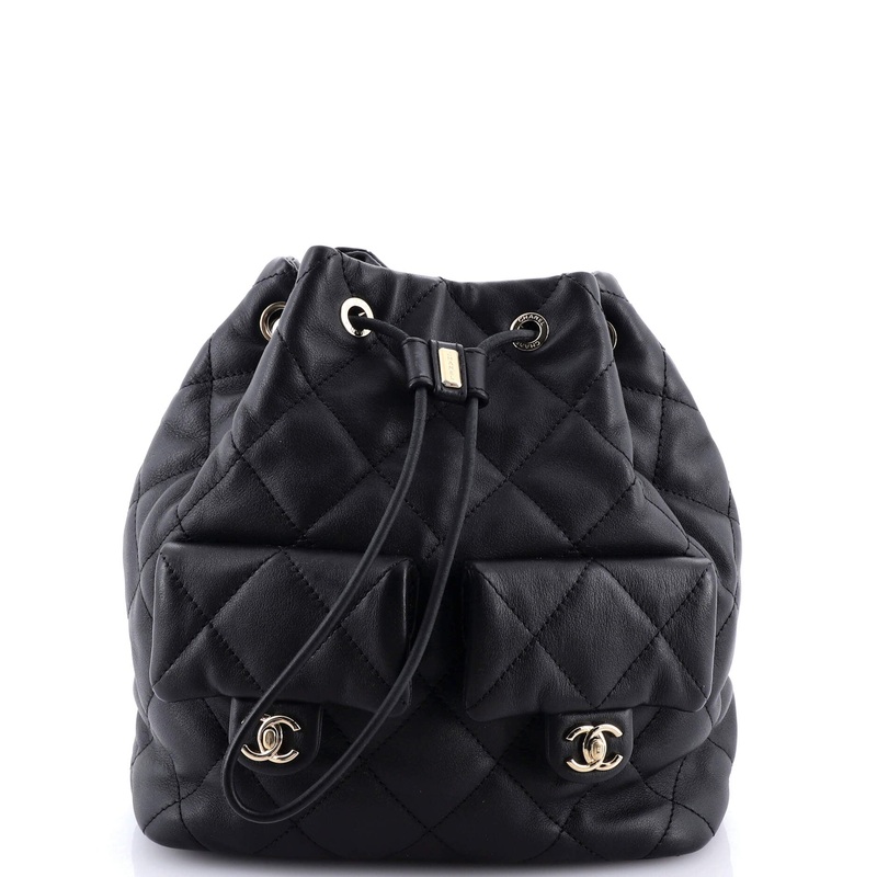 Double Pocket Drawstring Backpack Quilted Calfskin Small