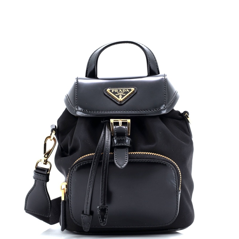 Front Pocket Buckle Backpack Re-Nylon and Spazzolato Leather Mini