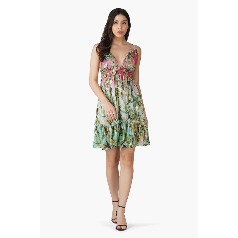 Farm Chirping Birds Printed Mini Dress