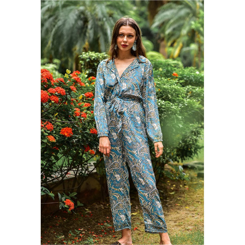 Hailee Blue Paisley Print Jumpsuit With Pockets