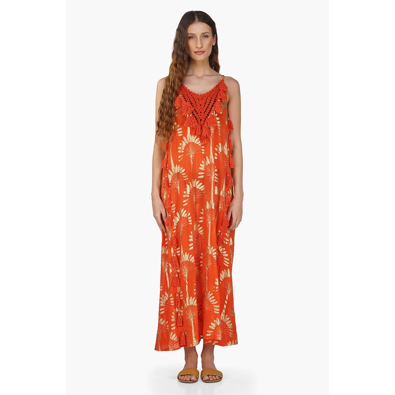 Sunset Palm Foil Tassel Maxi Dress