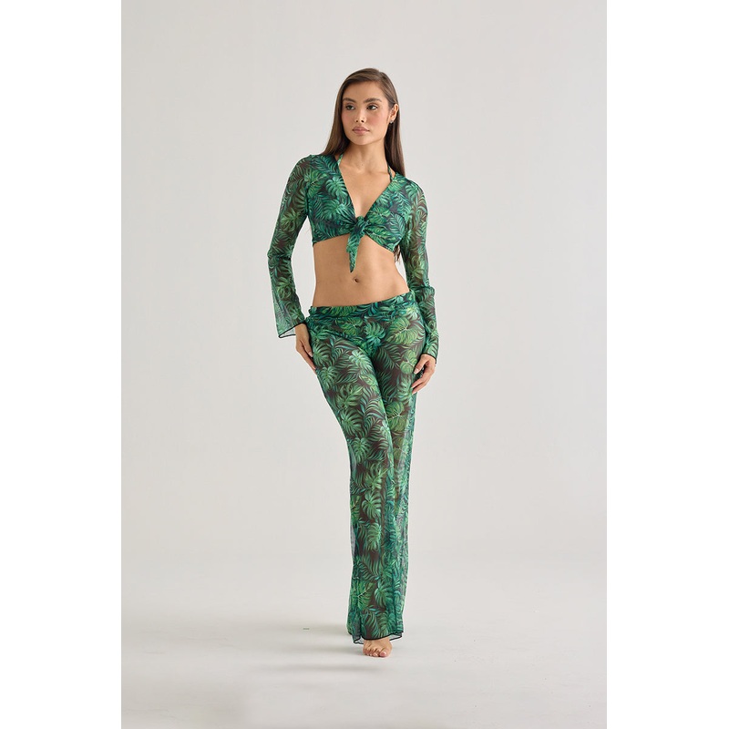 Tropical Leaf Sheer Tie-Front Top  Lightweight Beachwear Cover-Up