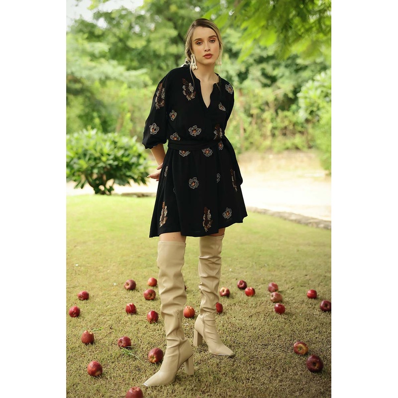 Black Safari Tiger Embroidered Short Dress