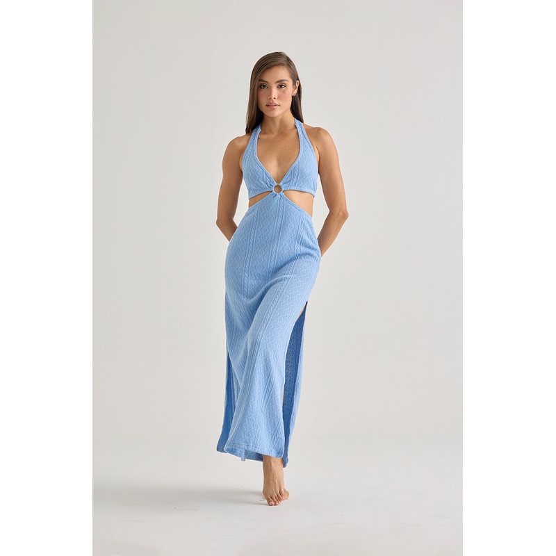 Blue Halter Cut-Out Maxi DressElegant Beach Cover-Up