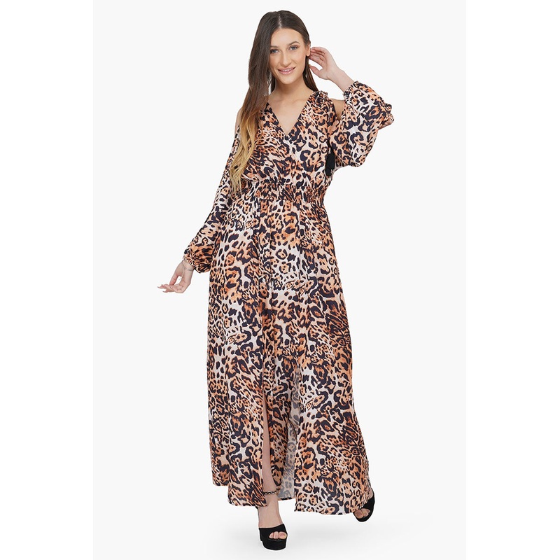 Brown Leopard Cold Shoulder Maxi Dress