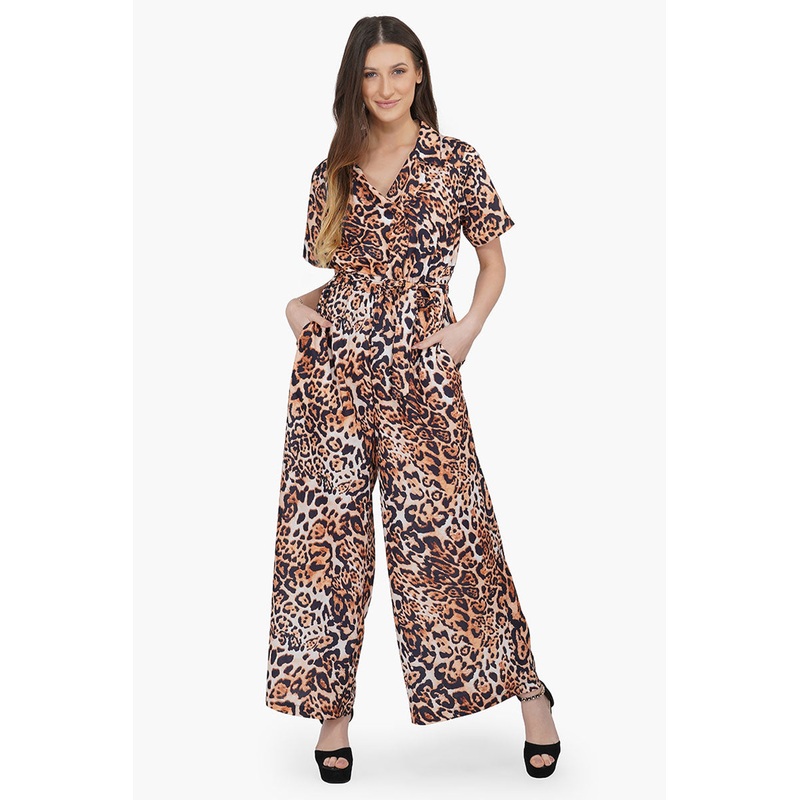 Brown Leopard Wide Legged Collared Jumpsuit