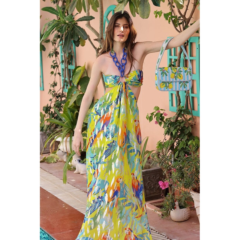 Farm Peru Tropic Lurex Printed Halter Dress