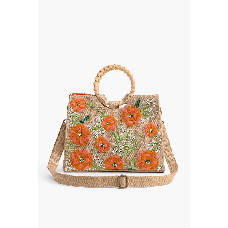 Floral Beaded Jute Handbag