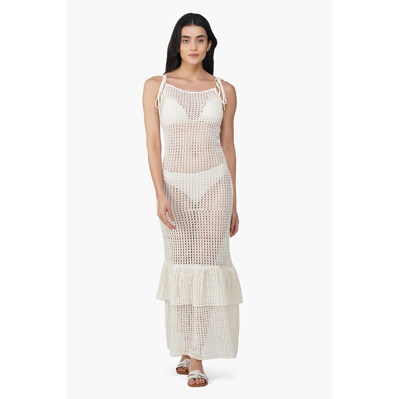 Jennifer White Crochet Lace Fabric Double Frill Cover Up