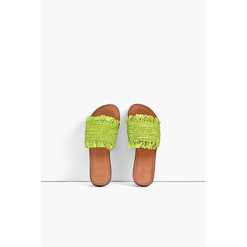 Neon Green Raffia Slide Sandals