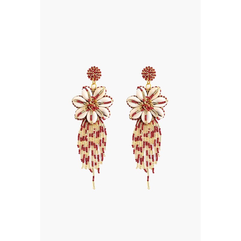 Floral Seashell Beaded Tassel Earrings